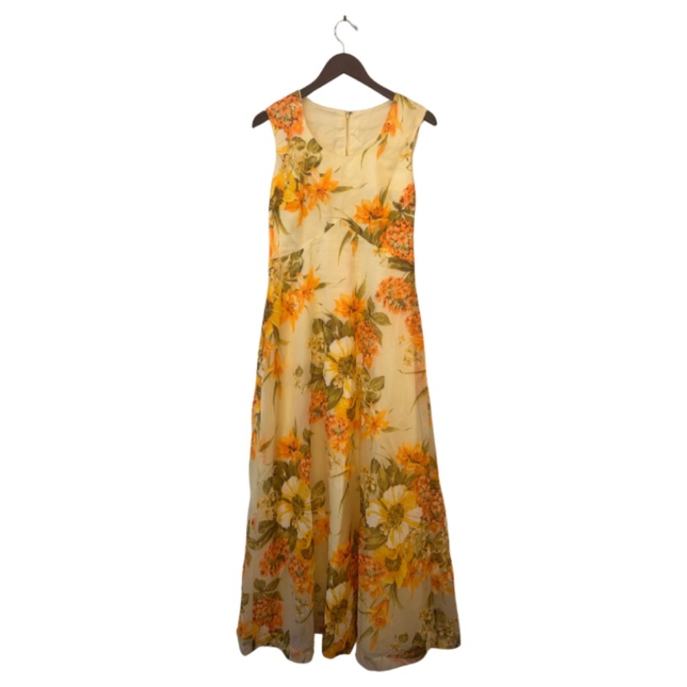 vintage 1960s 1970s orange yellow floral maxi dress